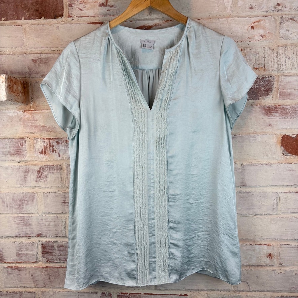 Jigsaw Pale Green Satin Pintuck Lace Flutter Sleeve Blouse US 8 Quiet Luxury